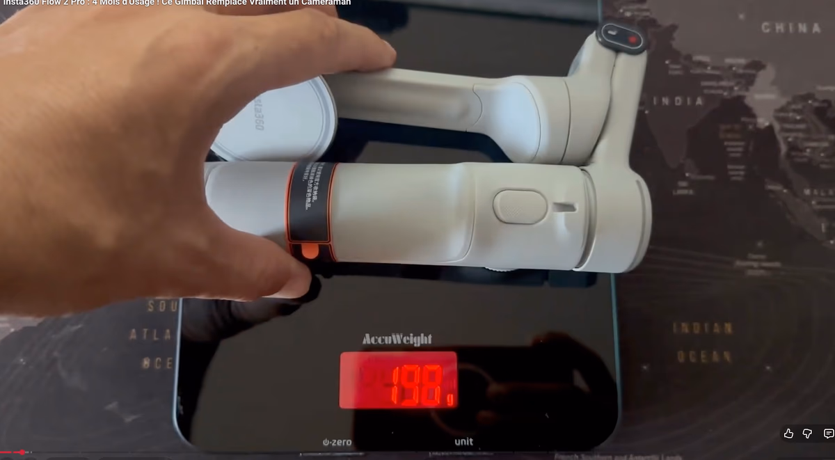 Poids du stabilisateur Insta360 Flow 2 Pro sur balance electronique : 198g